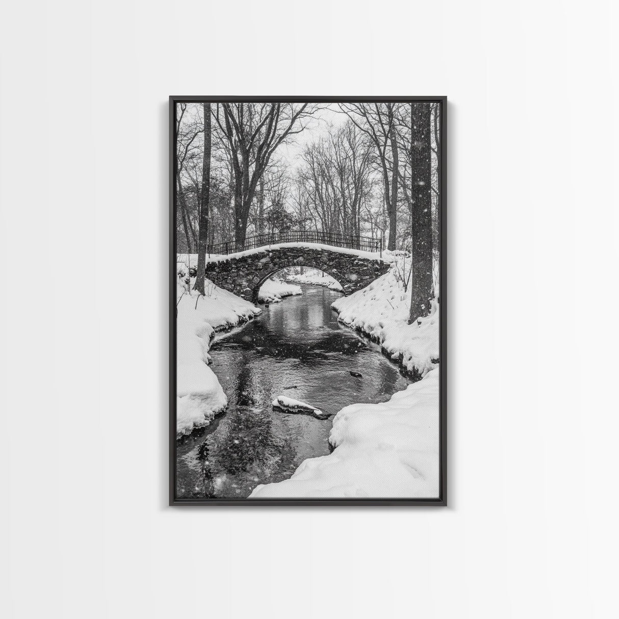 Stone Bridge, Winter Stream, Historic Pathway, Framed Canvas Print, Snowy Landscape Art, Traditional Living Room Wall Decor