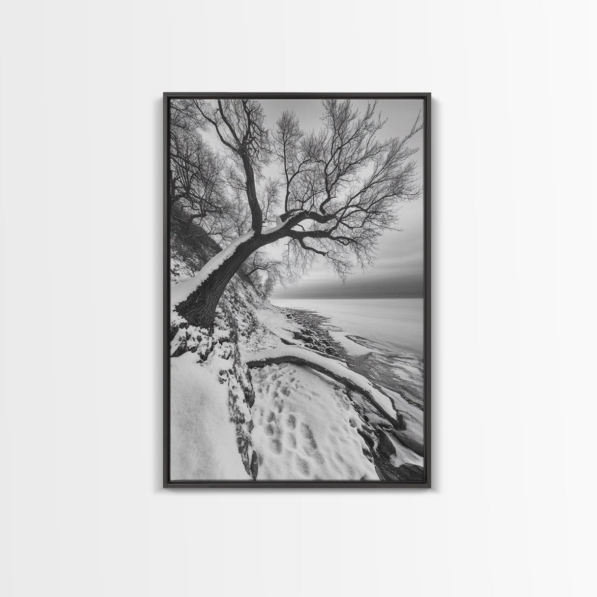 Coastal Snow, Barren Tree, Frozen Shoreline, Canvas Print, Serene Winter Decor, Entryway or Hallway Minimalist Wall Art