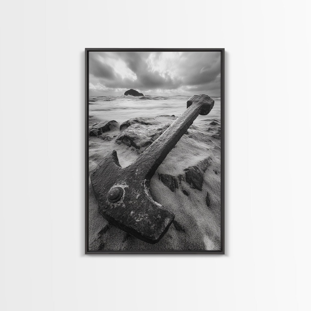 Ocean anchor scene, nautical coastal vibes, shipwreck inspiration, stormy sky, Framed Canvas Print, entryway art, maritime wall decor