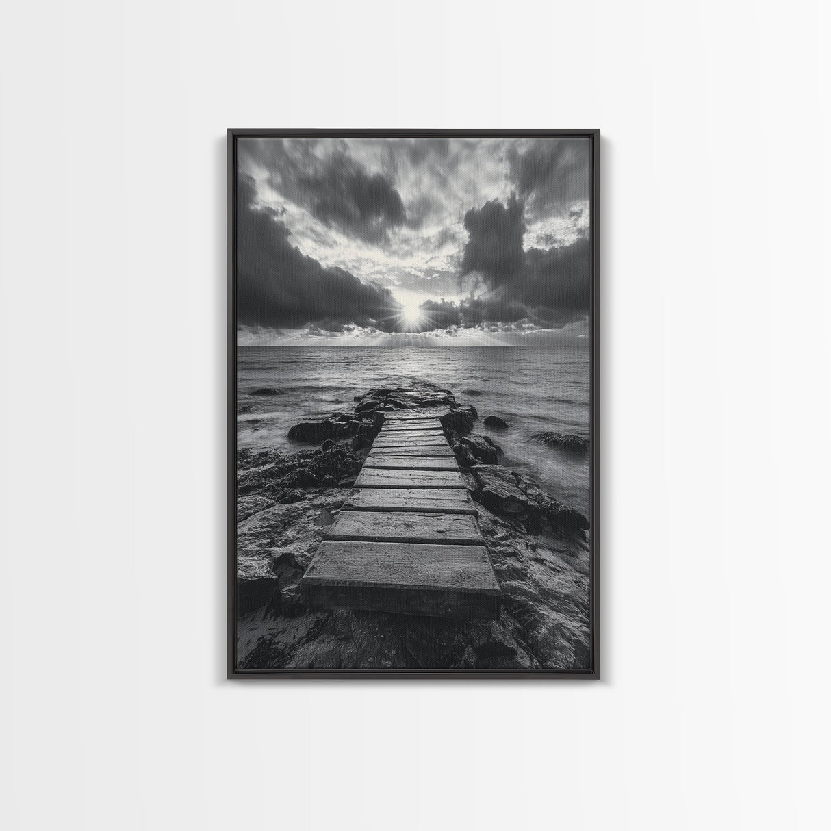 Ocean Pier Sunset, Dramatic Clouds, Seascape Pathway, Canvas Print, Coastal Living Room Art, Tranquil Decor, Minimalist Style