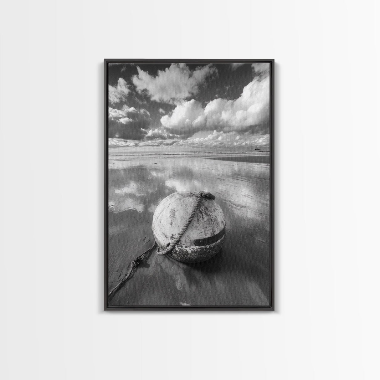 Washed buoy shore, coastal solitude, beach reflections, nautical simplicity, Framed Canvas Print, guest room art, seaside rustic wall decor