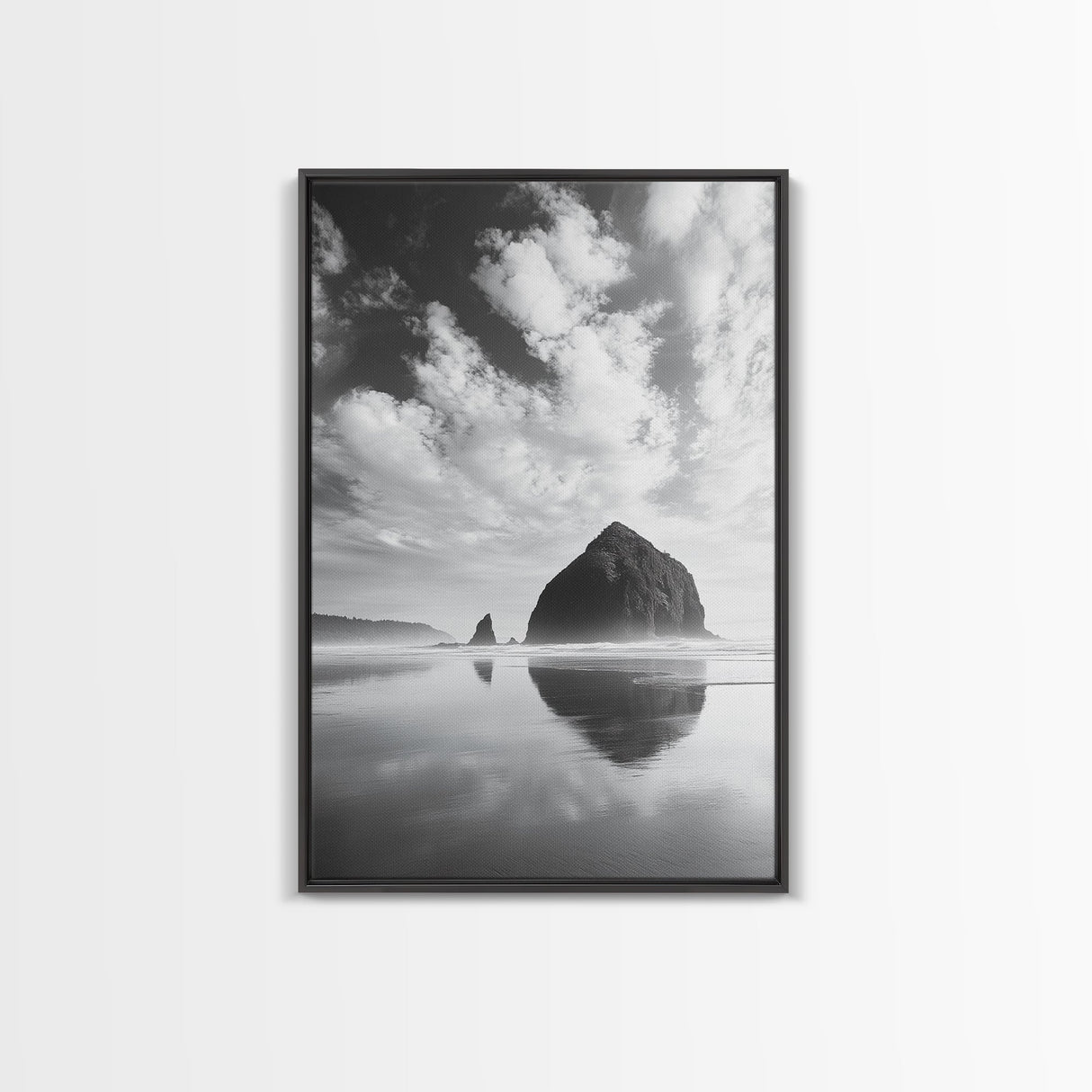 Iconic sea stack, Oregon coast art, tranquil reflections, dramatic clouds, Canvas Print, bedroom wall art, modern coastal minimalist decor