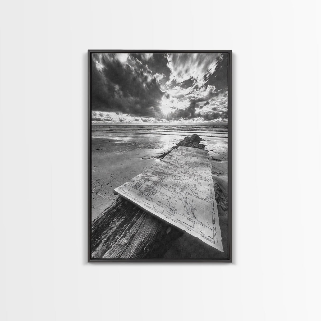Map On Beach, Travel Adventure Art, Wanderlust Decor, Coastal Office Style, Framed Canvas Print, Explorer Aesthetic, Black White Scene