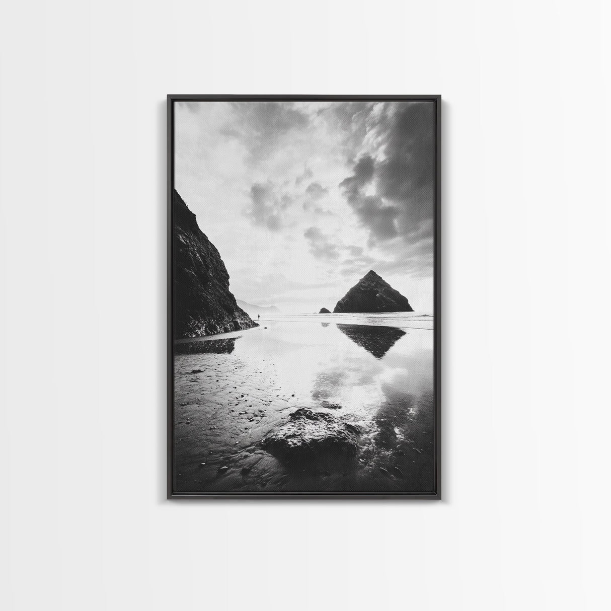 Remote beach reflection, lone hiker wanderlust, coastal rockscape, black white dreamscape, Framed Canvas Print, living room moody decor