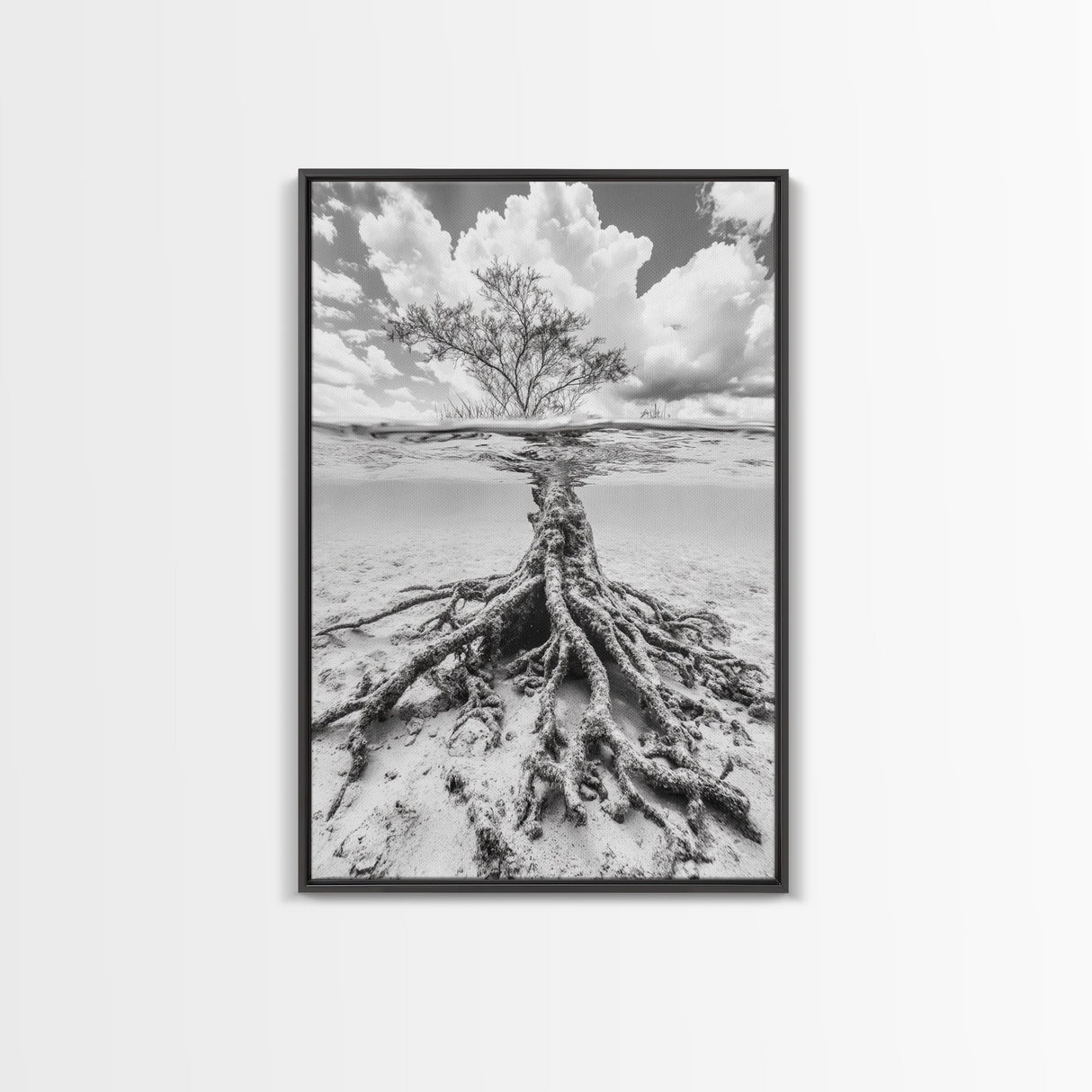 Half Underwater Tree, Split View Nature, Aquatic Roots, Stormy Skies, Framed Canvas Print, Coastal Wall Art, Unique Nature Photography