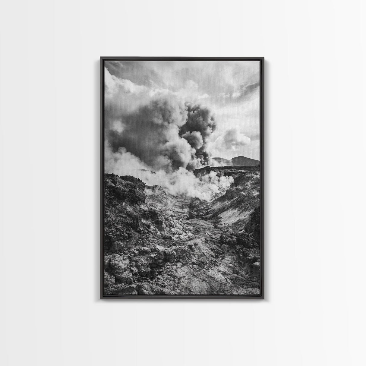 Volcanic Eruption Smoke, Lava Rocks, Earth Energy, Fiery Terrain, Framed Canvas Print, Office Wall Art, Dramatic Nature Landscape