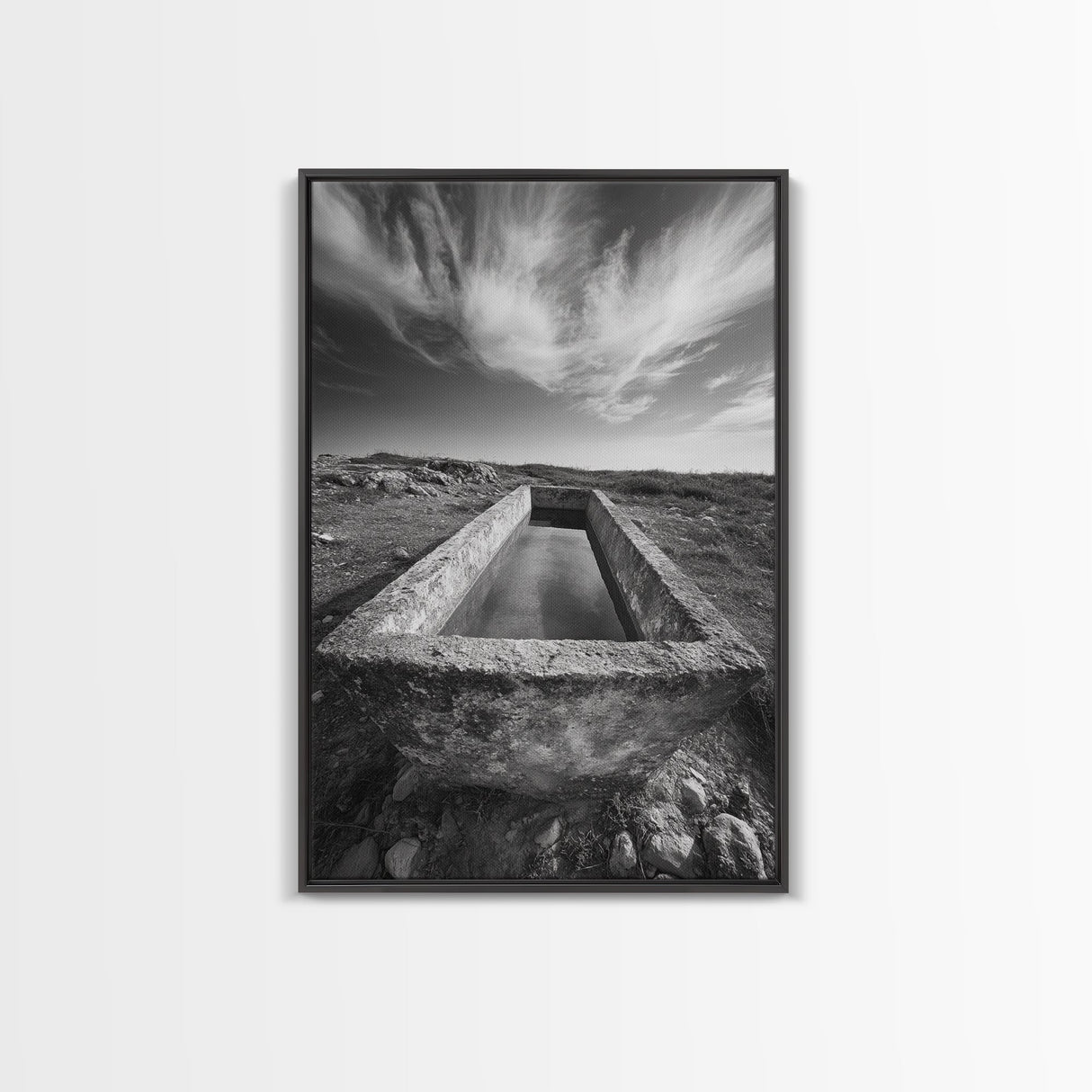 Stone Water Trough, Wild Horizon, Rustic Scene, Framed Canvas Print, Country Farm Decor, Outdoor Living Art, Neutral Wall Accent