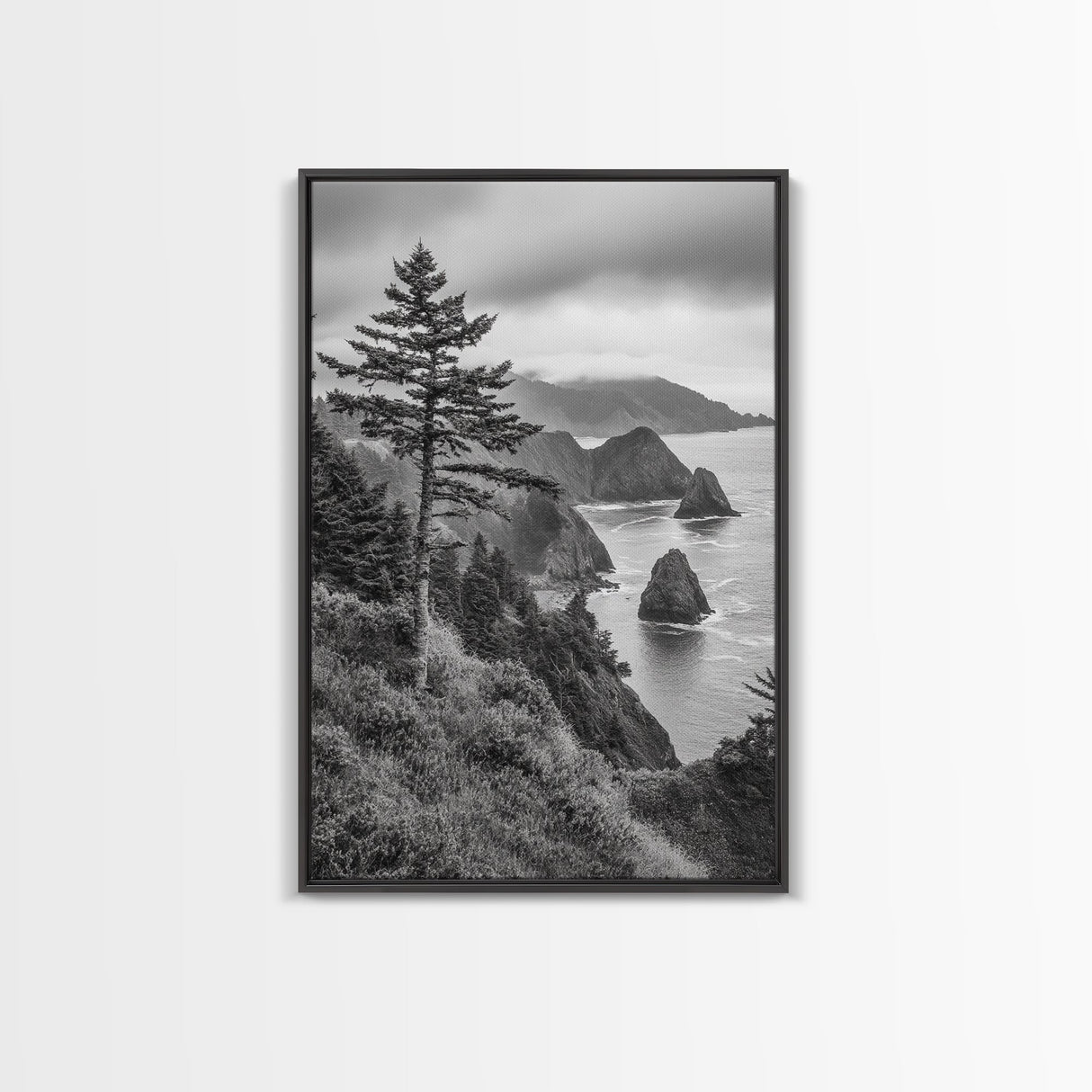Oregon Coastline View, Misty Cliffs, Evergreen Forest, Coastal Vibes, Framed Canvas Print, Rustic Cabin Art, Living Room Wall Decor