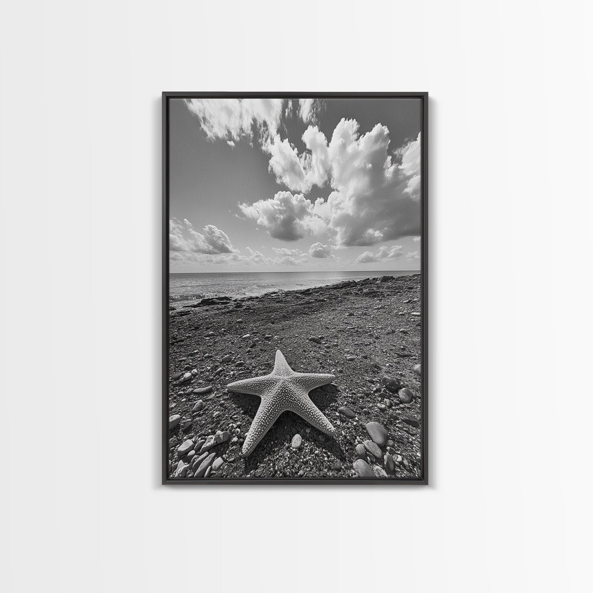 Starfish on Shore, Rocky Beach Scene, Cloudy Sky Horizon, Ocean Calm, Framed Canvas Print, Coastal Art, Bathroom Wall Decor
