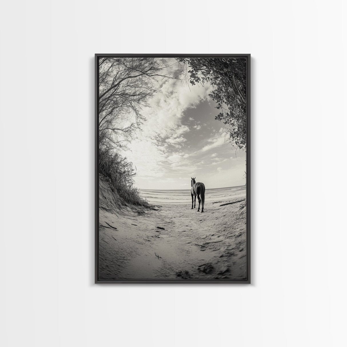 Horse on Shore, Ocean Path Scene, Wild Beauty, Serene Escape, Framed Canvas Print, Boho Wall Art, Bedroom or Entryway Decor