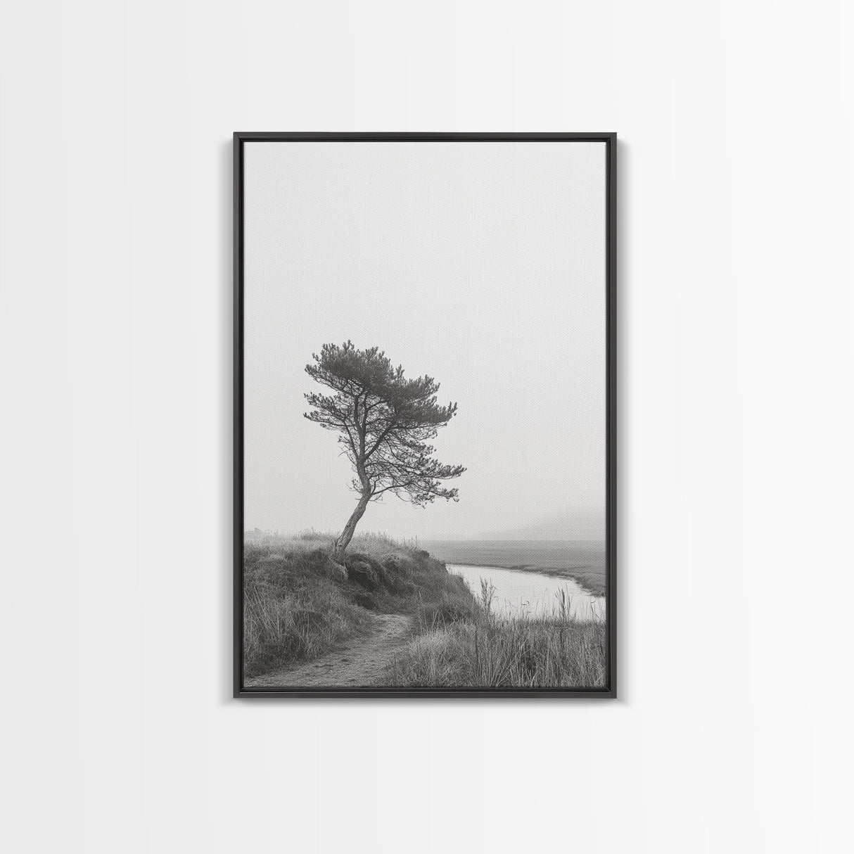 Leaning Tree Path, Soft Fog Scene, Calm Landscape, Canvas Print, Serene Entryway Wall Art, Nature Photography, Minimalist Decor