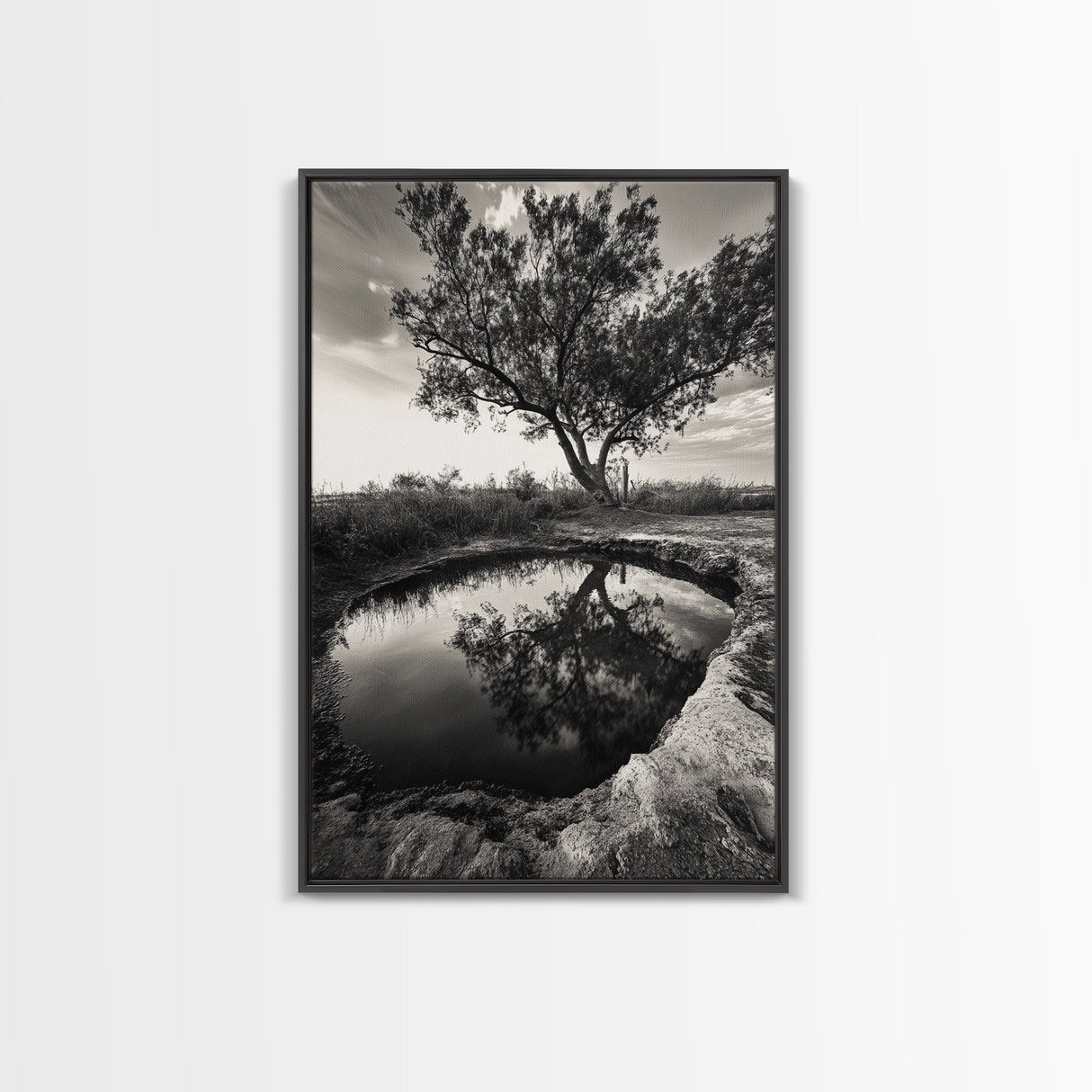 Tree Reflection, Still Water, Peaceful Nature, Framed Canvas Print, Tranquil Wall Art, Rustic Bedroom Decor, Black and White Photography