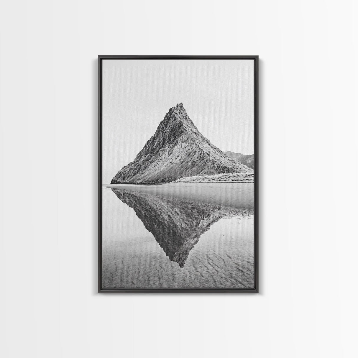 Mountain Mirror, Coastal Peak, Serene Beach, Canvas Print, Minimalist Landscape Art, Modern Living Room Wall Decor, Monochrome Nature Style
