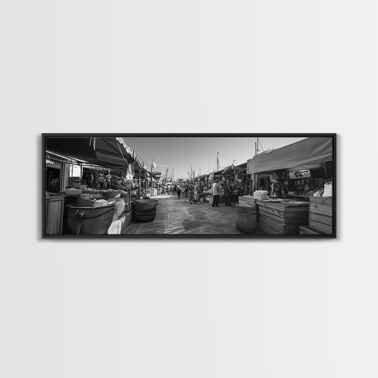 Mediterranean Market Scene, Travel Wall Decor, Rustic Street View, Framed Canvas Print, Kitchen Wall Art, Black and White Photography