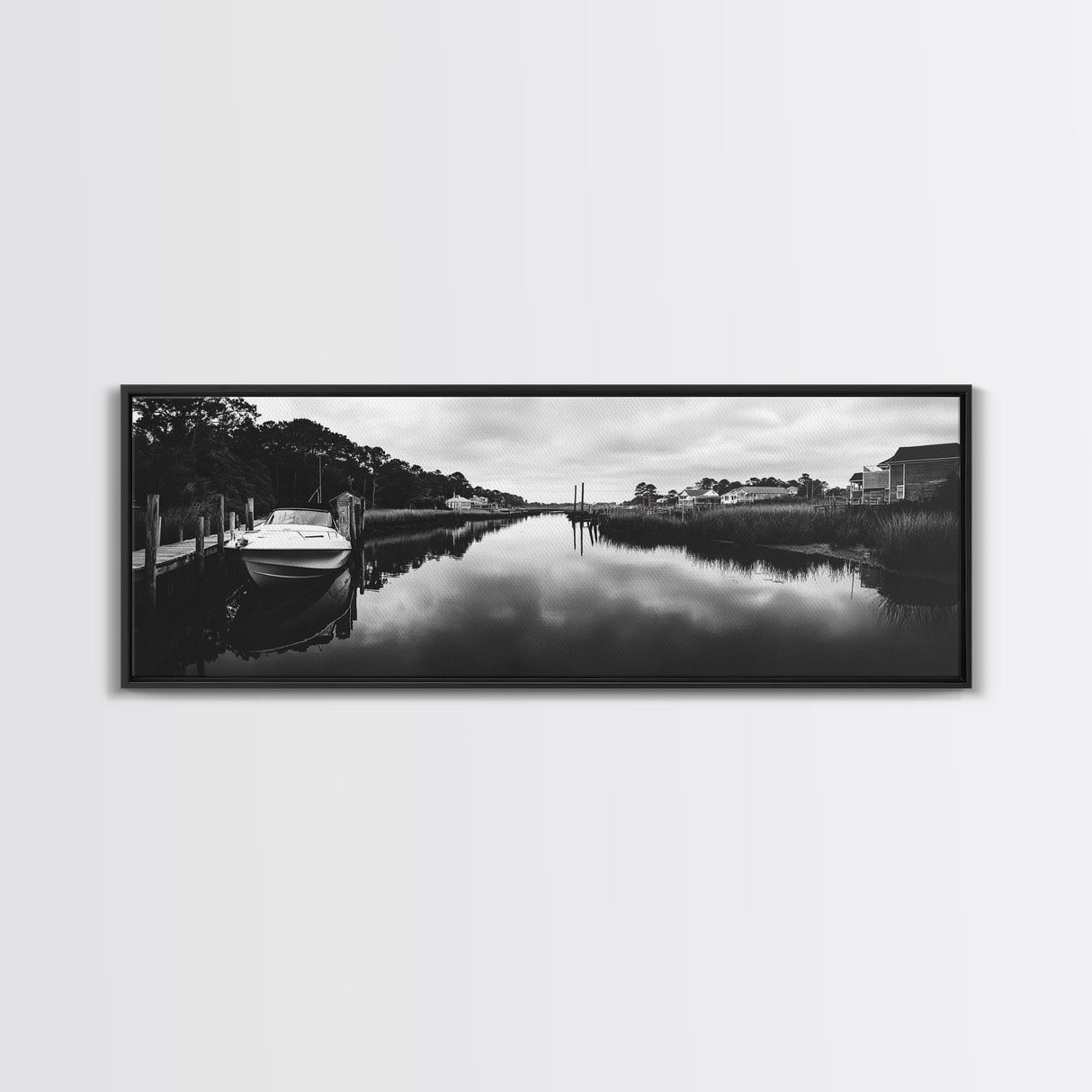 Boat Dock, Quiet Bay, Marina Reflections, Framed Canvas Print, Nautical Wall Art, Lakehouse Decor, Minimalist Coastal Vibes, Black White Art
