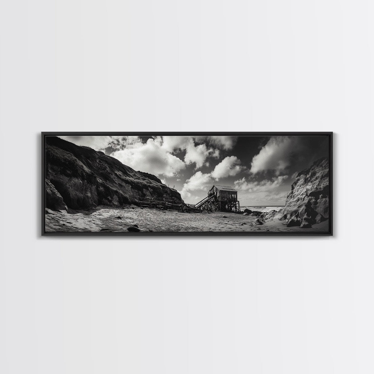 Cliff House, Ocean Cabin, Windy Coast, Framed Canvas Print, Moody Landscape Art, Rustic Wall Decor, Autumn Entryway Art