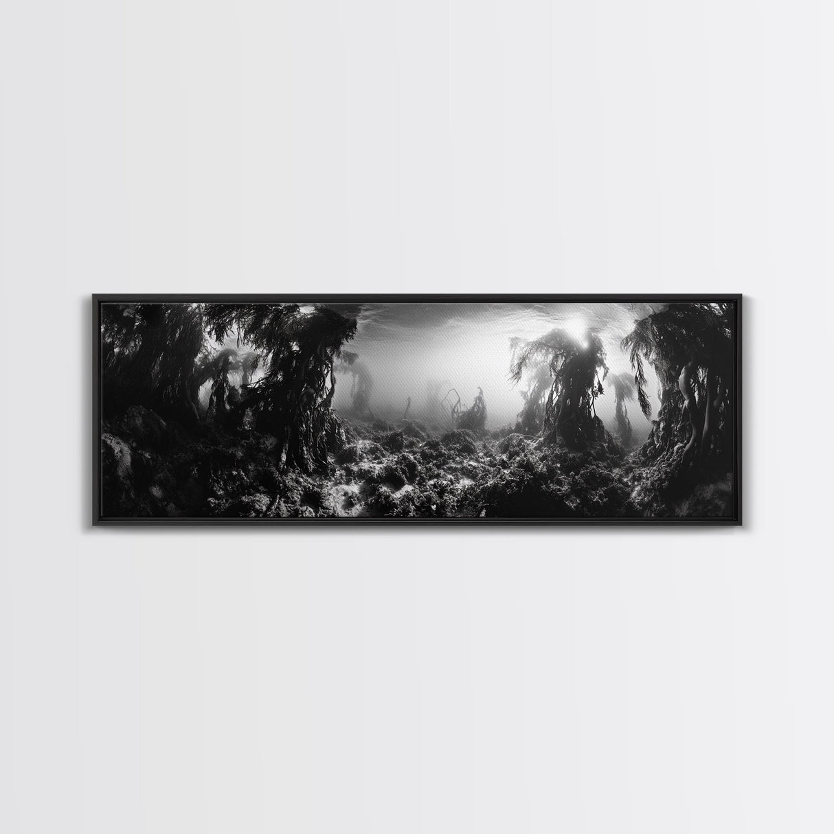Kelp Forest, Underwater Magic, Ocean Depths, Framed Canvas Print, Marine nature photography, Bathroom wall decor, Moody coastal aesthetic