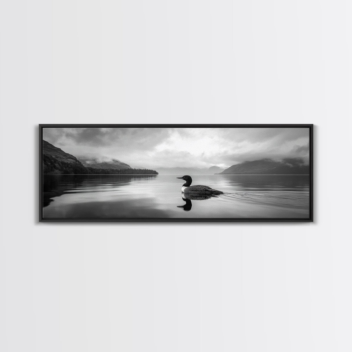Loon Lake, Misty Reflection, Quiet Morning, Framed Canvas Print, Cabin Wall Art, Nature Lover Gift, Rustic Lakehouse Decor
