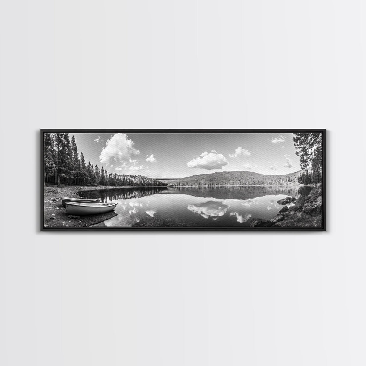 Canoe Lake, Still Water, Pine Forest, Outdoor Serenity, Canvas Print, Nature Wall Art, Rustic Cabin Decor, Peaceful Landscape, Neutral Tones
