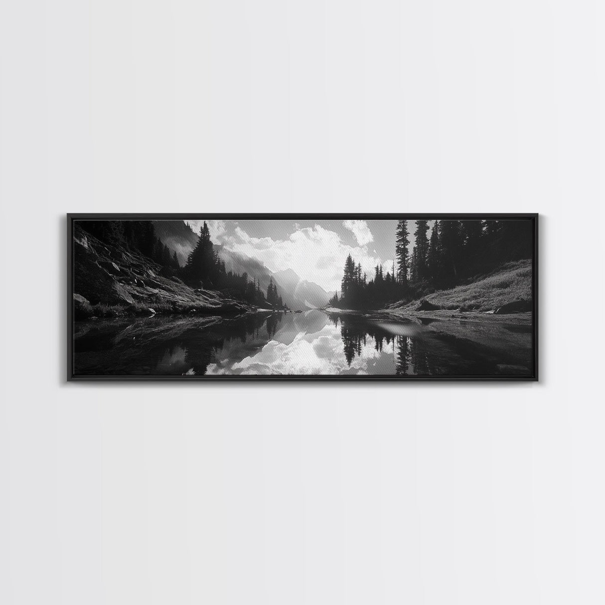 Alpine Lake Scene, Black and White Forest, Serene Mountain Print, Framed Canvas Print, Rustic Wall Art, Cabin Living Room Decor