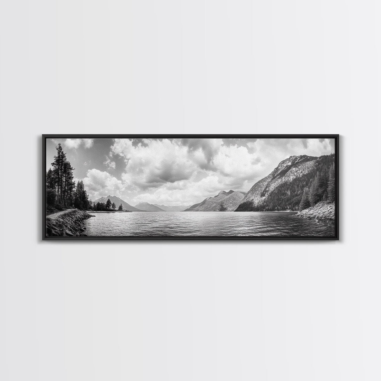 Mountain Lake, Forest Panorama, Serene Wilderness, Framed Canvas Print, Nature Lover Wall Art, Rustic Lodge Decor, Neutral Palette