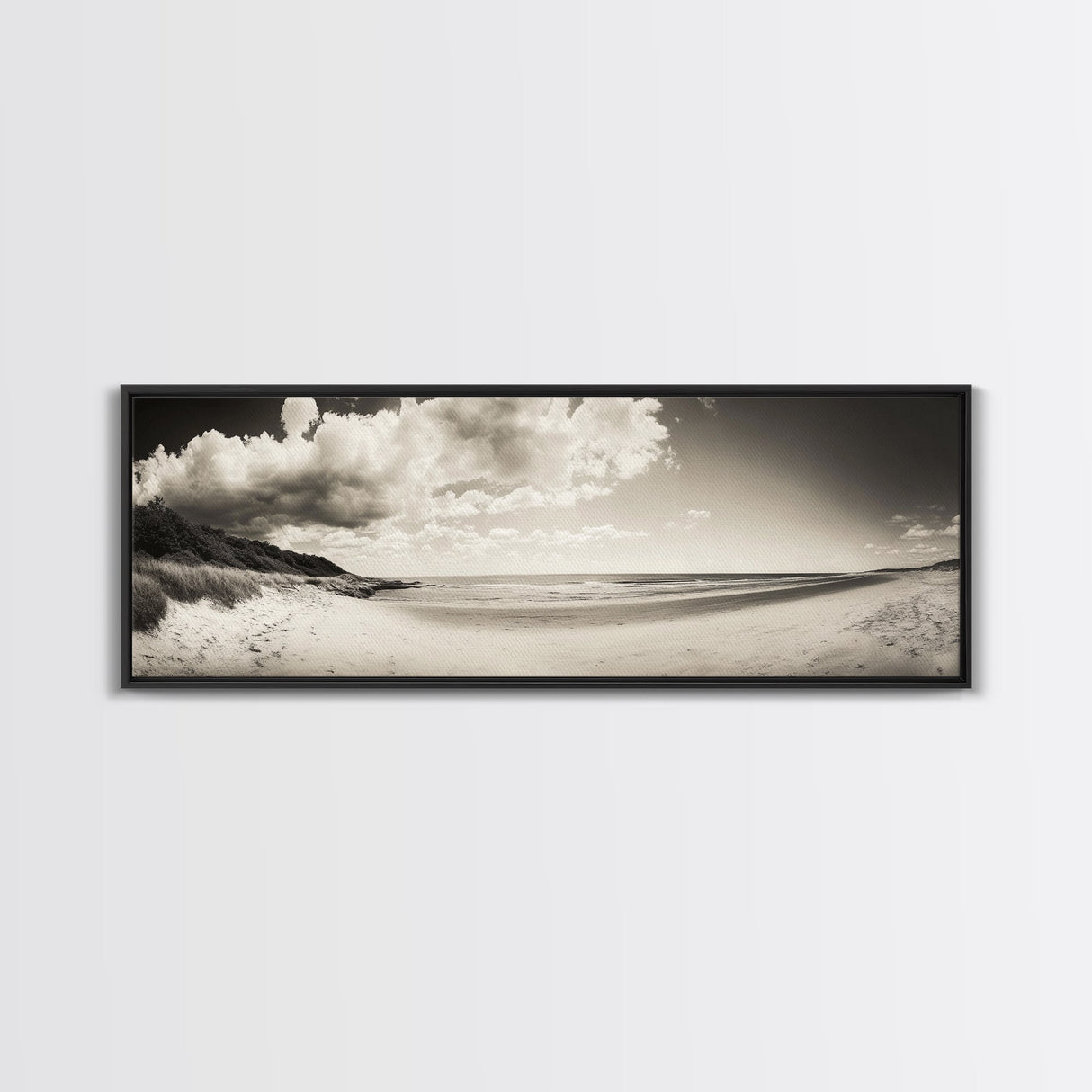 Cloudy Beach, Sandy Shoreline, Coastal Serenity, Framed Canvas Print, Neutral Tones Wall Art, Minimalist Bathroom or Hallway Decor