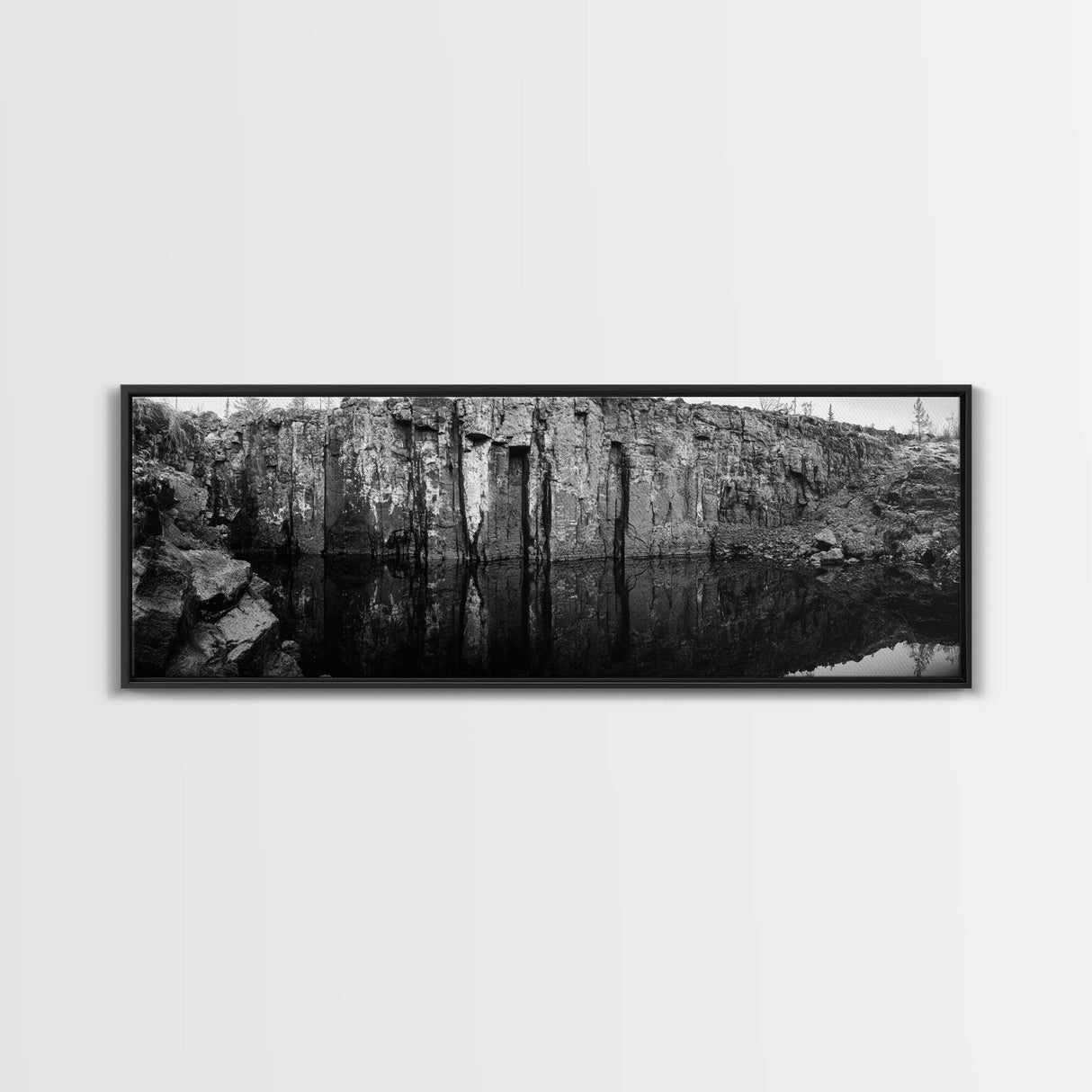 Quarry Wall, Rocky Cliff, Natural Reflection, Still Water, Framed Canvas Print, Industrial Wall Art, Man Cave Decor, Rustic Landscape Art