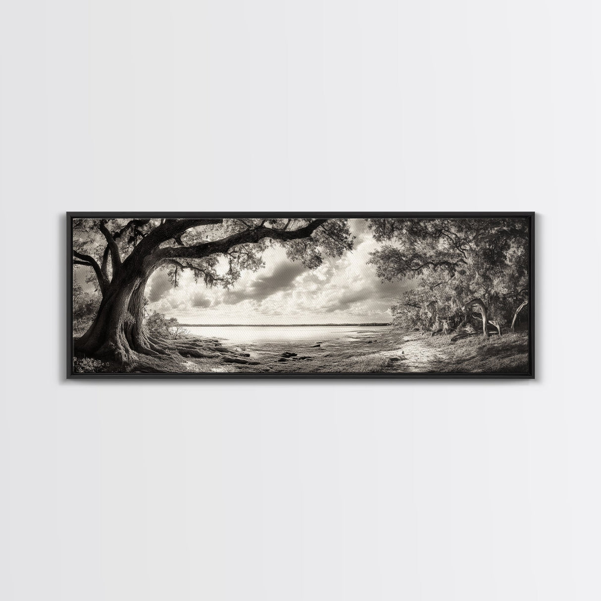 Ancient Tree, Spanish Moss, Forest Path, Framed Canvas Print, Rustic Nature Art, Living Room Wall Art, Earthy Tones, Woodland Photography