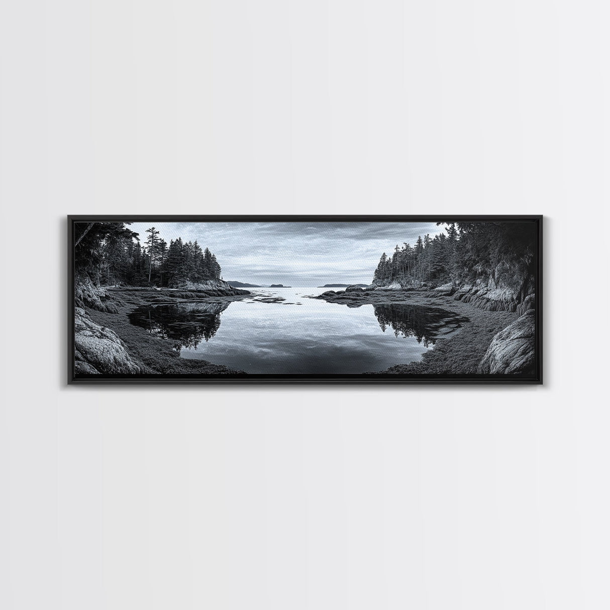 Forest Inlet, Calm Waters, Rocky Shore, Framed Canvas Print, Pacific Northwest Wall Art, Neutral Decor, Nature Photography, Rustic Vibes