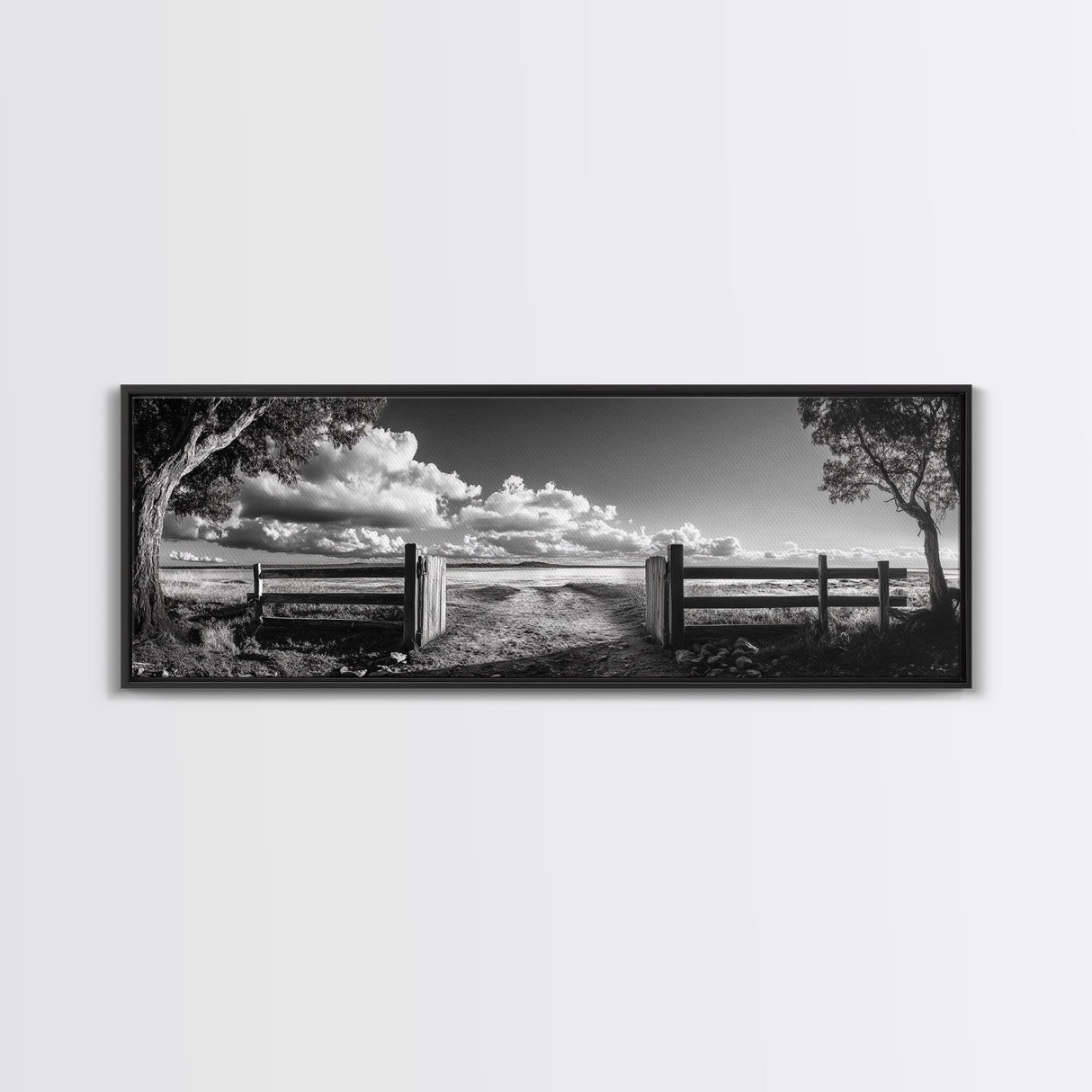 Wooden Fence, Open Field, Cloud Horizon, Framed Canvas Print, Country Landscape Photography, Entryway Wall Art, Farmhouse Autumn Decor