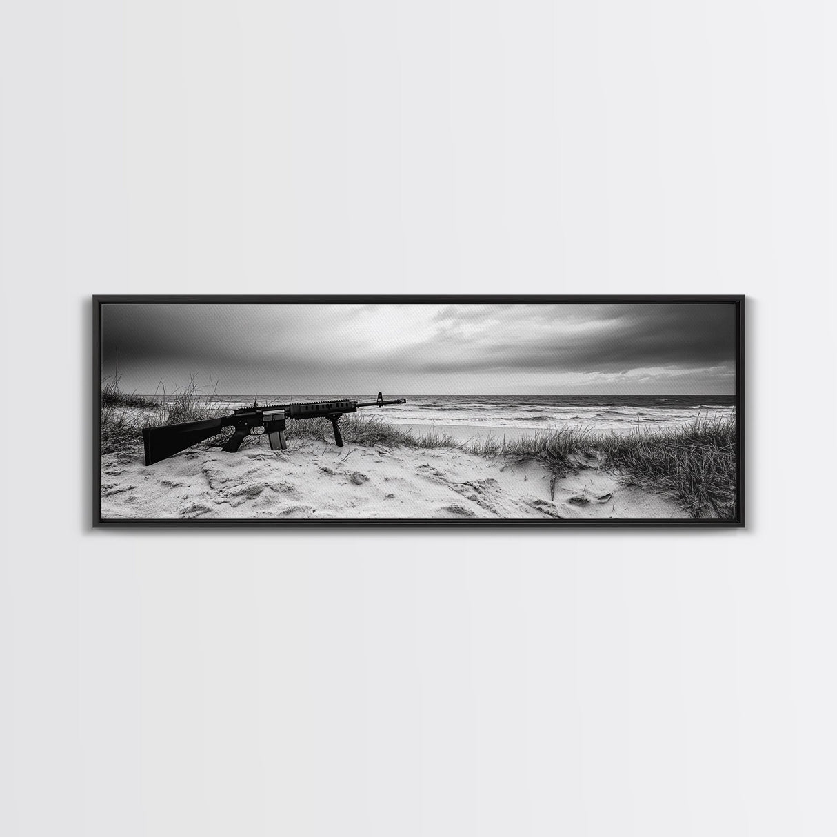 Rifle Seaside Scene, Tactical Still Life, Stormy Beach Mood, Canvas Print, Industrial Wall Art, Dramatic Photography, Masculine Decor