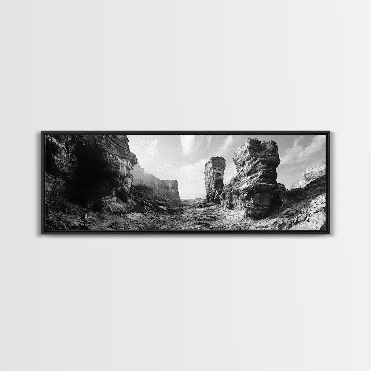 Coastal Rock Passage, Ocean Cliffside Art, Natural Texture Photography, Framed Canvas Print, Bathroom or Hallway Wall Art