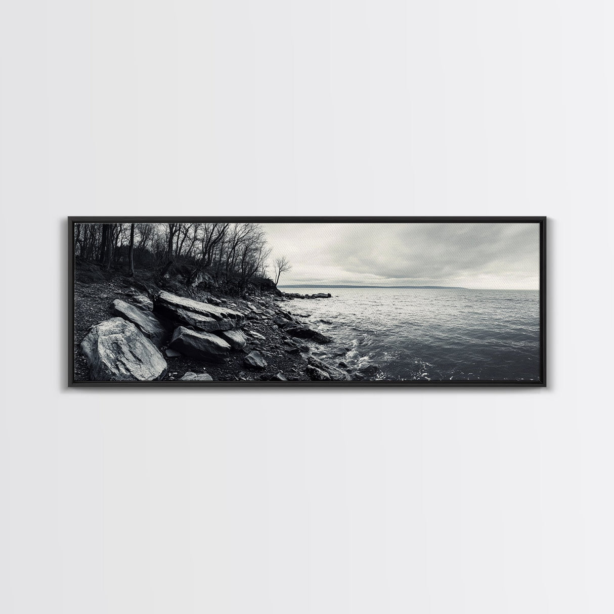 Misty Coast, Rocky Shore, Moody Seascape, Framed Canvas Print, Coastal Wall Art, Nature Photography, Rustic Bedroom Decor, Cabin Style