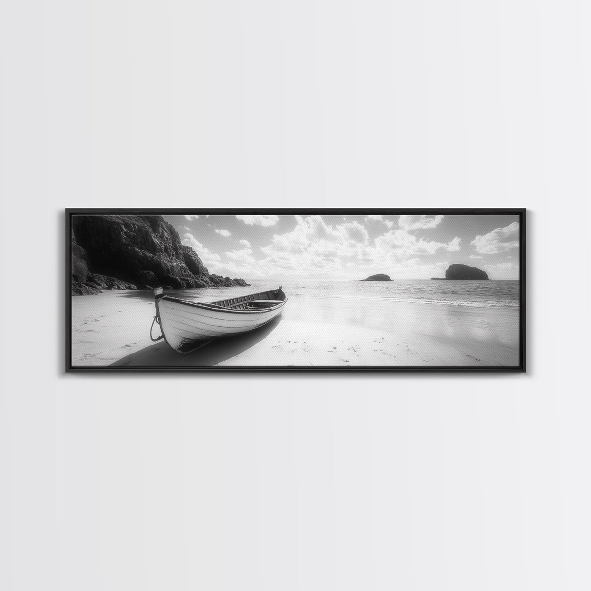 Rowboat, Sandy Cove, Island View, Canvas Print, Coastal Photography, Minimalist Beach Decor, Serene Bathroom or Bedroom Wall Art