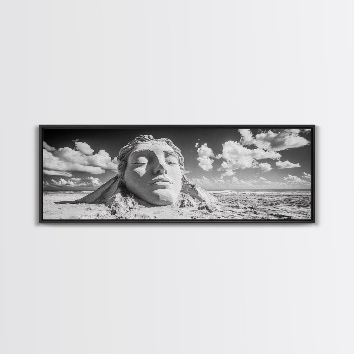 Sand Sculpture Head, Beach Goddess, Coastal Calm, Surreal Beauty, Framed Canvas Print, Modern Wall Art, Living Room Decor, Minimalist Art