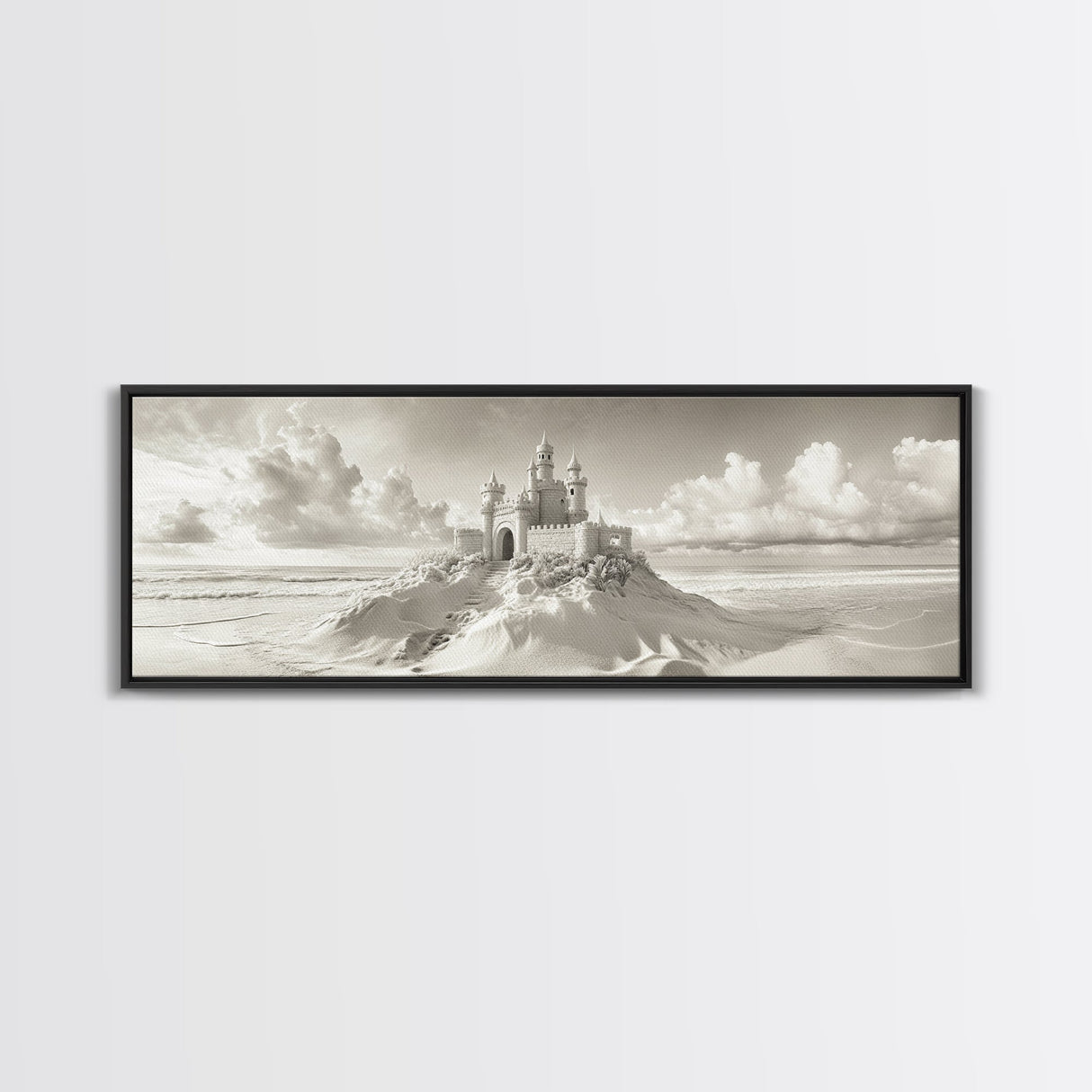 Fantasy Sand Castle, Seaside Kingdom, Dreamy Beach Scene, Magical Vibes, Framed Canvas Print, Kids Room Art, Whimsical Decor, Coastal Theme