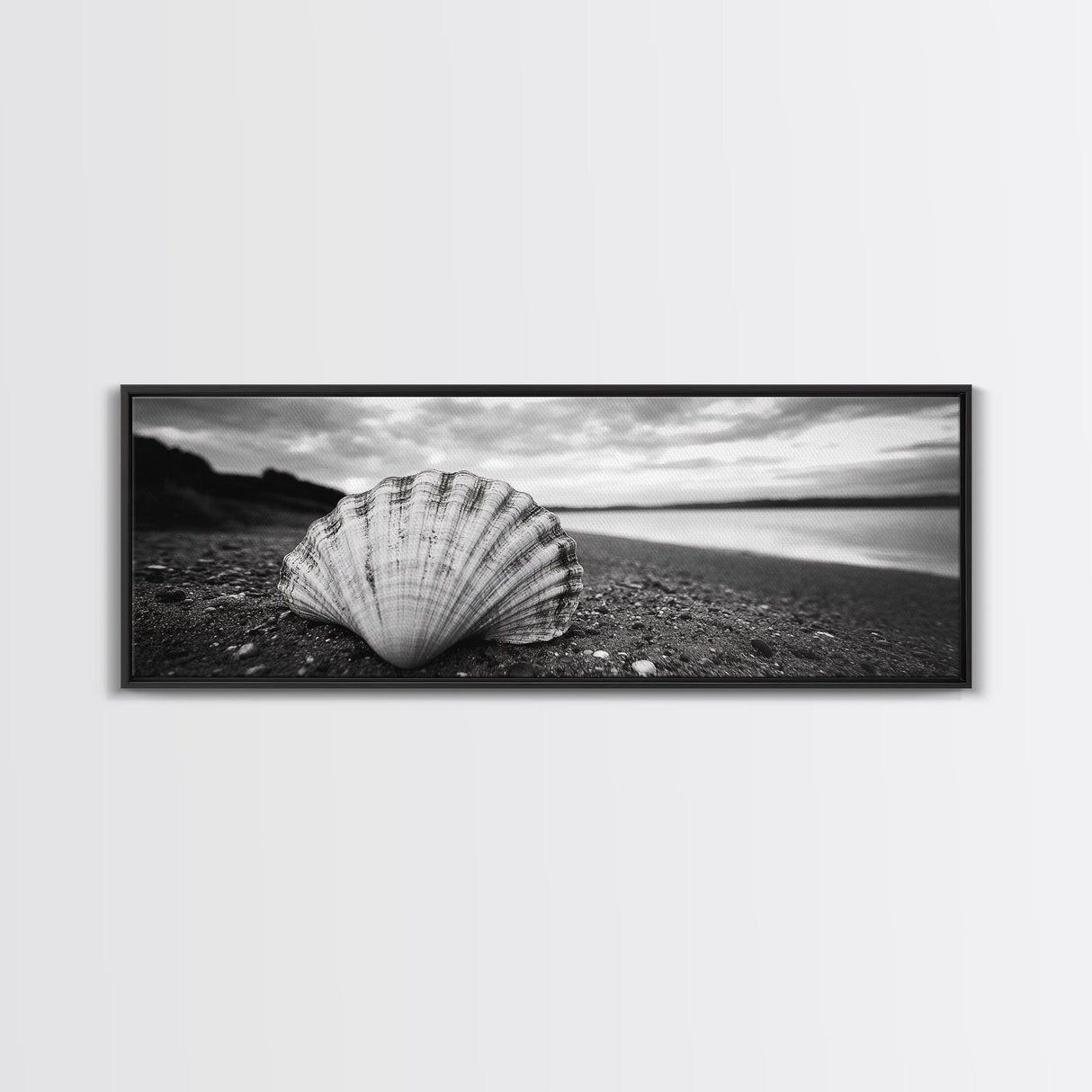 Shell on Shore, Monochrome Coastal, Canvas Print, Boho Wall Art, Bathroom Wall Decor, Natural Beach Aesthetic, Ocean Inspired Art