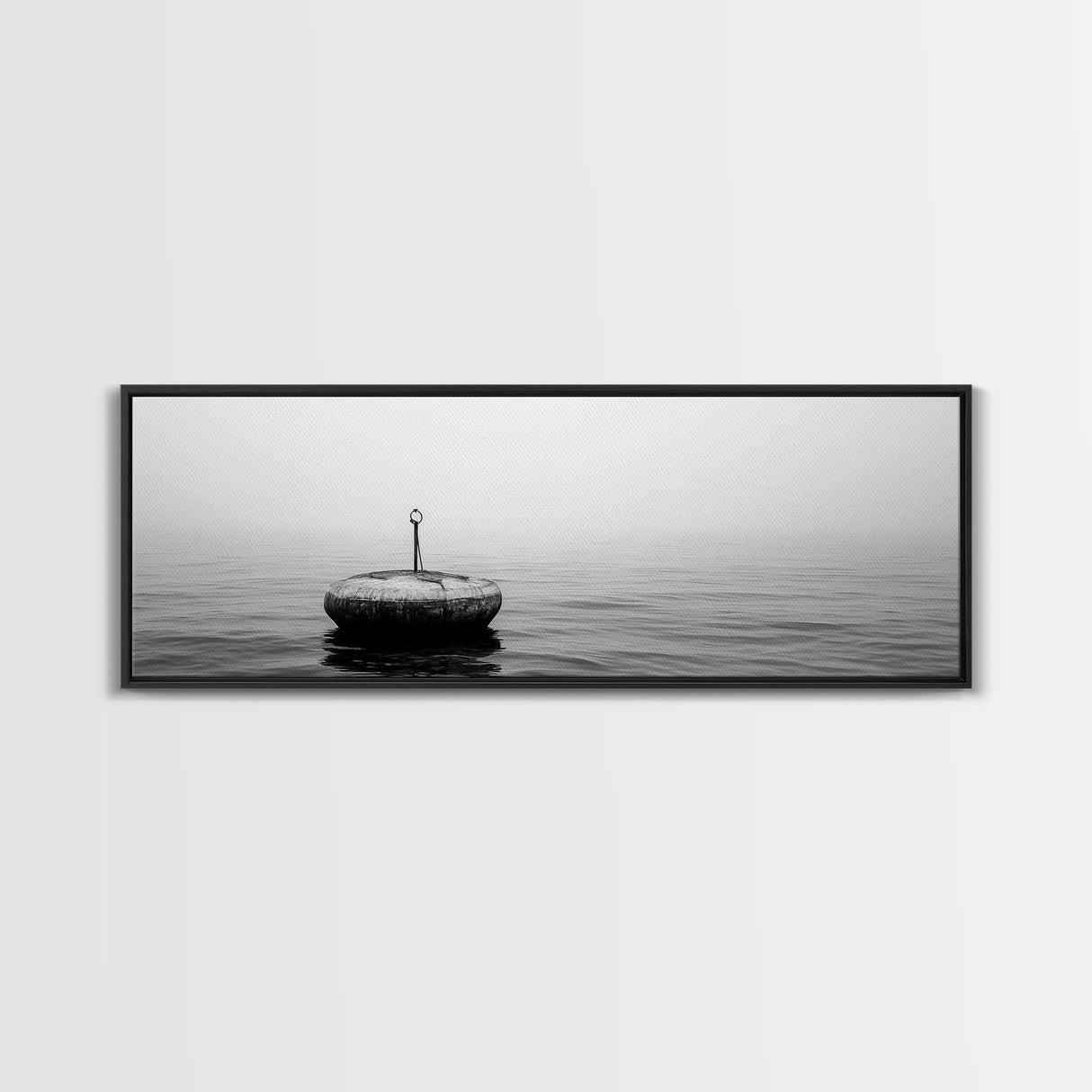 Solitary Sea Buoy, Calm Ocean View, Black White Minimalist, Nautical Canvas Print, Peaceful Coastal Wall Art, Bedroom Decor