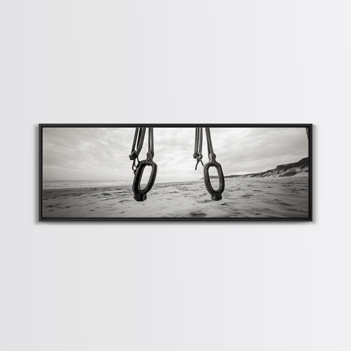 Nautical Swing, Beach Ropes, Seaside Minimalism, Canvas Print, black and white beach decor, coastal hallway wall art, maritime rustic style