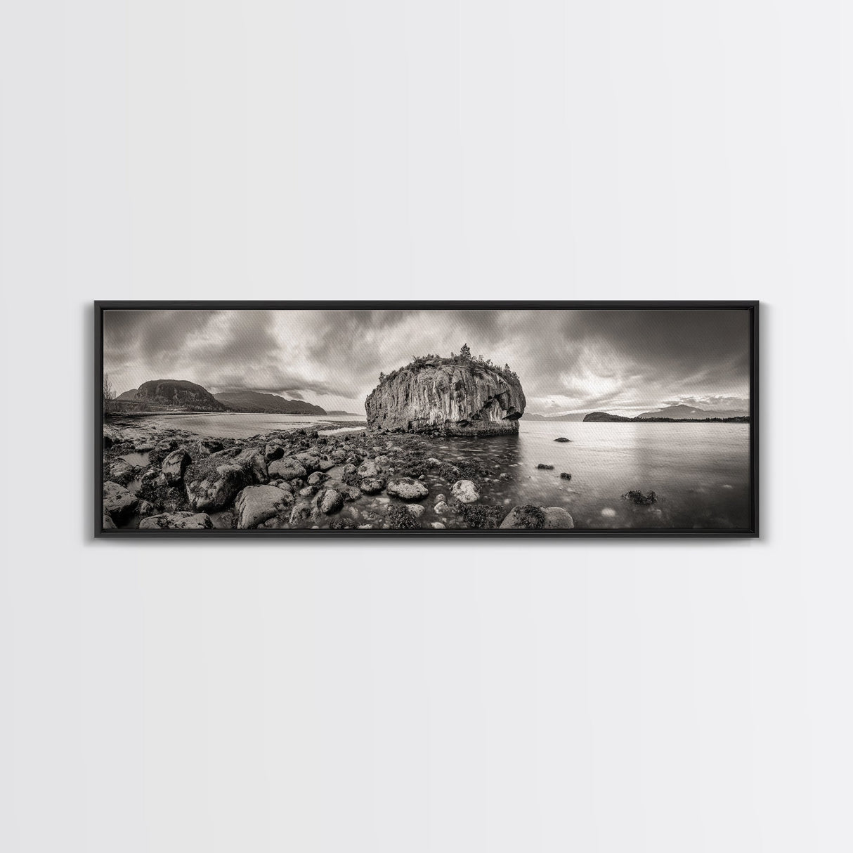 Island Shoreline, Rocky Coast View, Monochrome Nature, Framed Canvas Print, coastal kitchen decor, moody mountain beach wall art