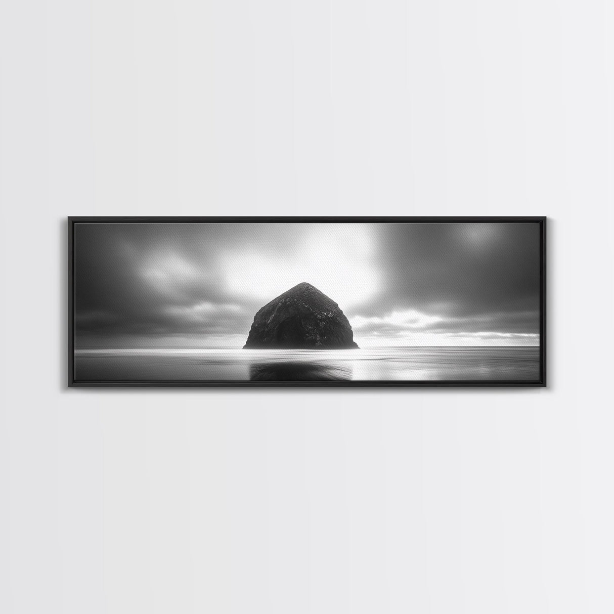 Seaside Rock Monolith, Ocean Landscape, Dramatic Sky Photography, Framed Canvas Print, Moody Wall Art, Minimalist Home Decor