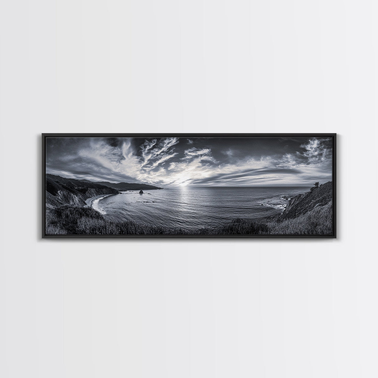 Cloudy Horizon, Wide Ocean View, Coastal Cliffs, Framed Canvas Print, dramatic seascape wall art, coastal kitchen decor, black and white
