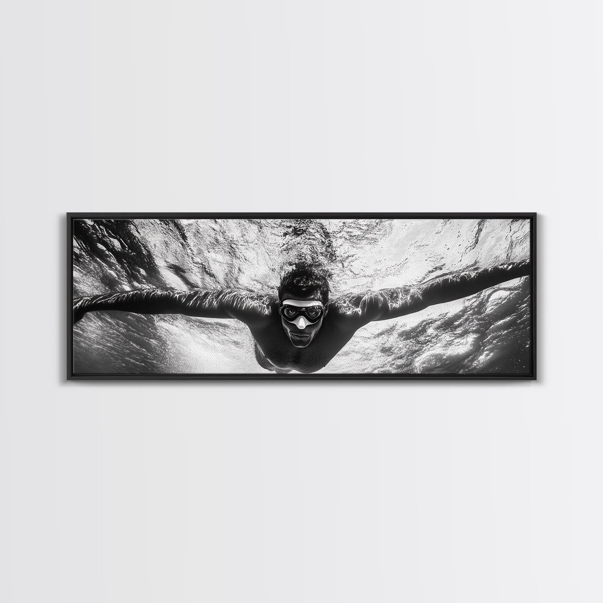 Underwater Swim, Black White Diver, Ocean Exploration, Canvas Print, modern bathroom wall art, sporty fitness vibe, minimalist ocean style