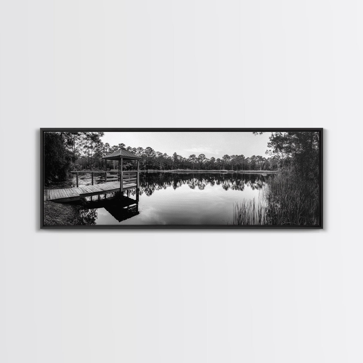 Still Lake Dock, Nature Reflections, Tranquil Scene, Canvas Print, Rustic Landscape Photography, Farmhouse Wall Art, Entryway Decor