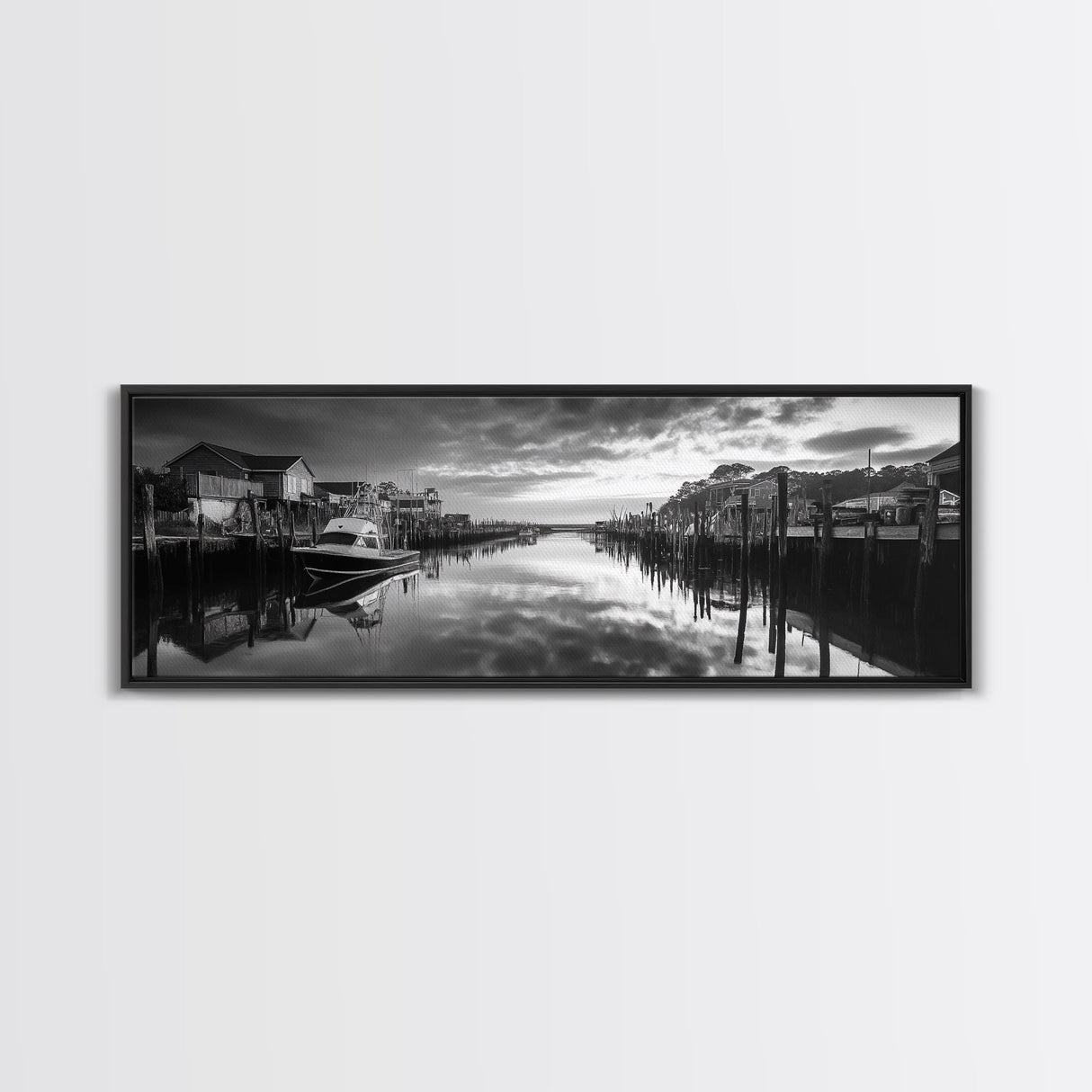 Fishing Dock, Quiet Marina, Waterside Village, Canvas Print, Nautical Wall Art, Lake House Decor, Black and White Photography