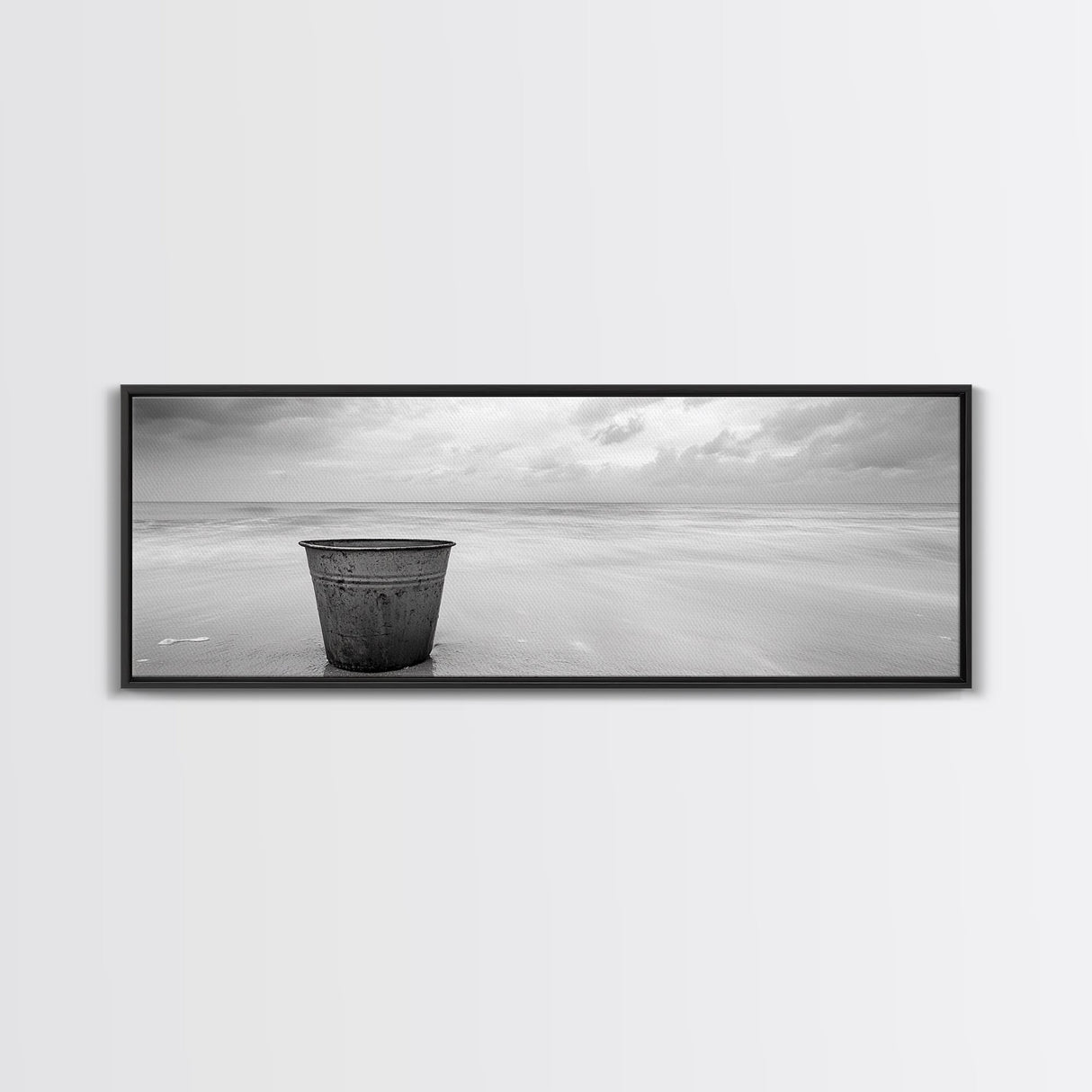 Seaside Metal Pail, Coastal Minimalism, Black White Art, Modern Bathroom Art, Framed Canvas Print, Tranquil Ocean Wall Decor