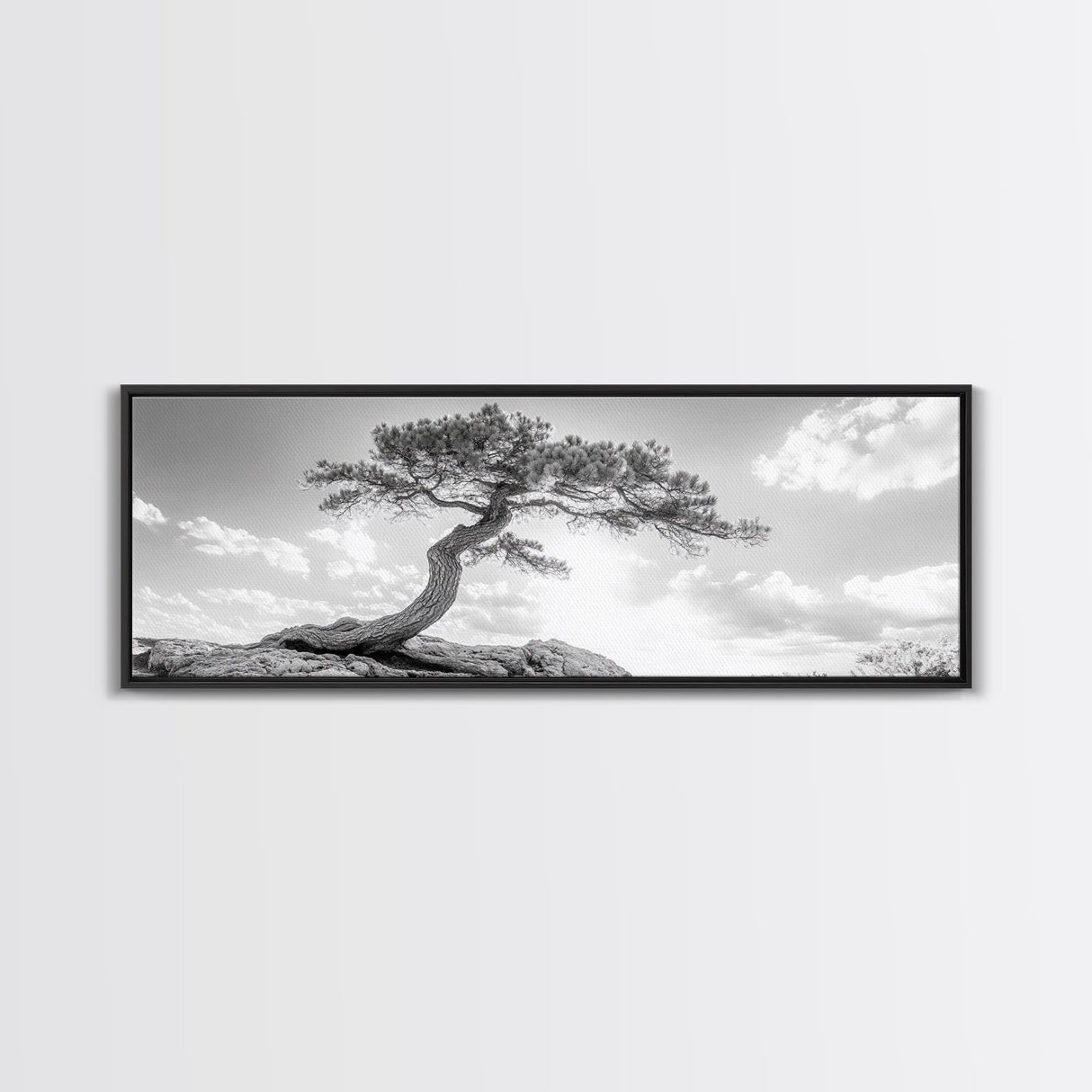 Lone Curved Tree, Zen Nature Print, Minimalist Landscape, Calming Decor, Framed Canvas Print, Bedroom Wall Statement