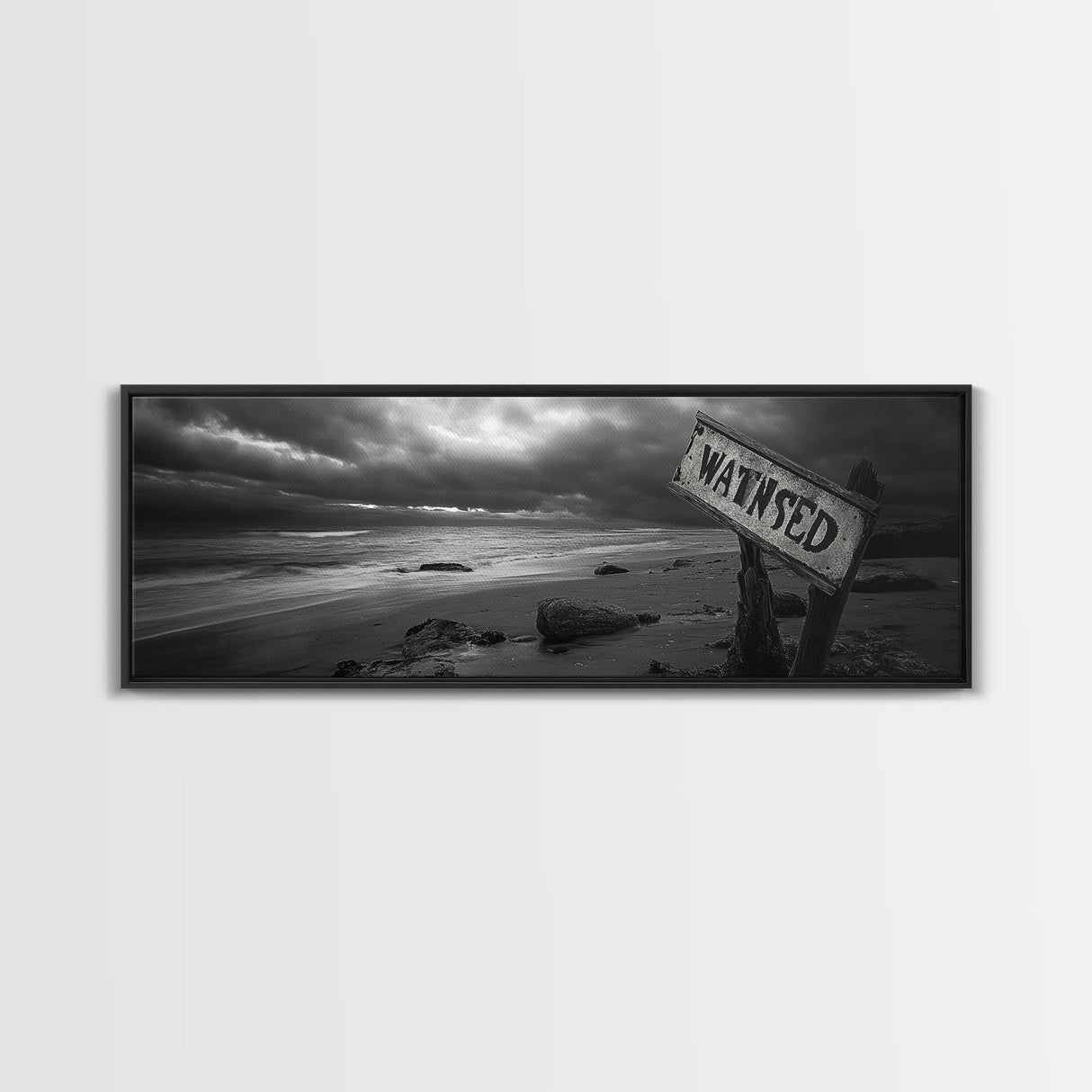 Stormy Beach, Weathered Sign, Moody Ocean, Black and White Photography, Framed Canvas Print, Coastal Gothic Wall Art, Autumn Decor