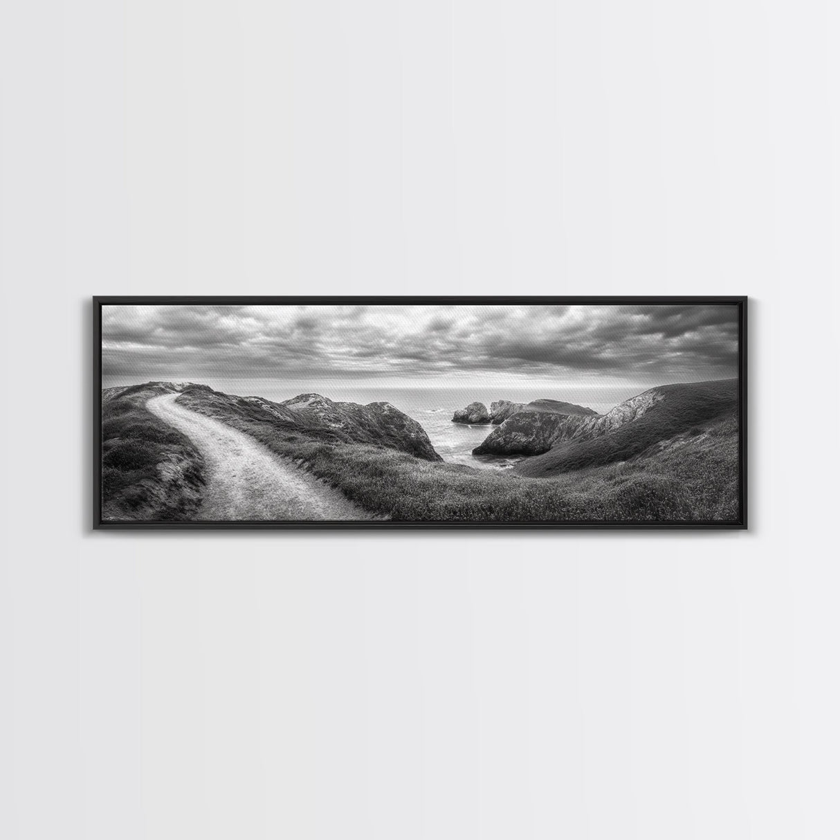 Cliff Path, Sea Escape, Moody Sky, Adventure Trail, Canvas Print, Modern Entryway Wall Art, Travel Photography, Nature Scene