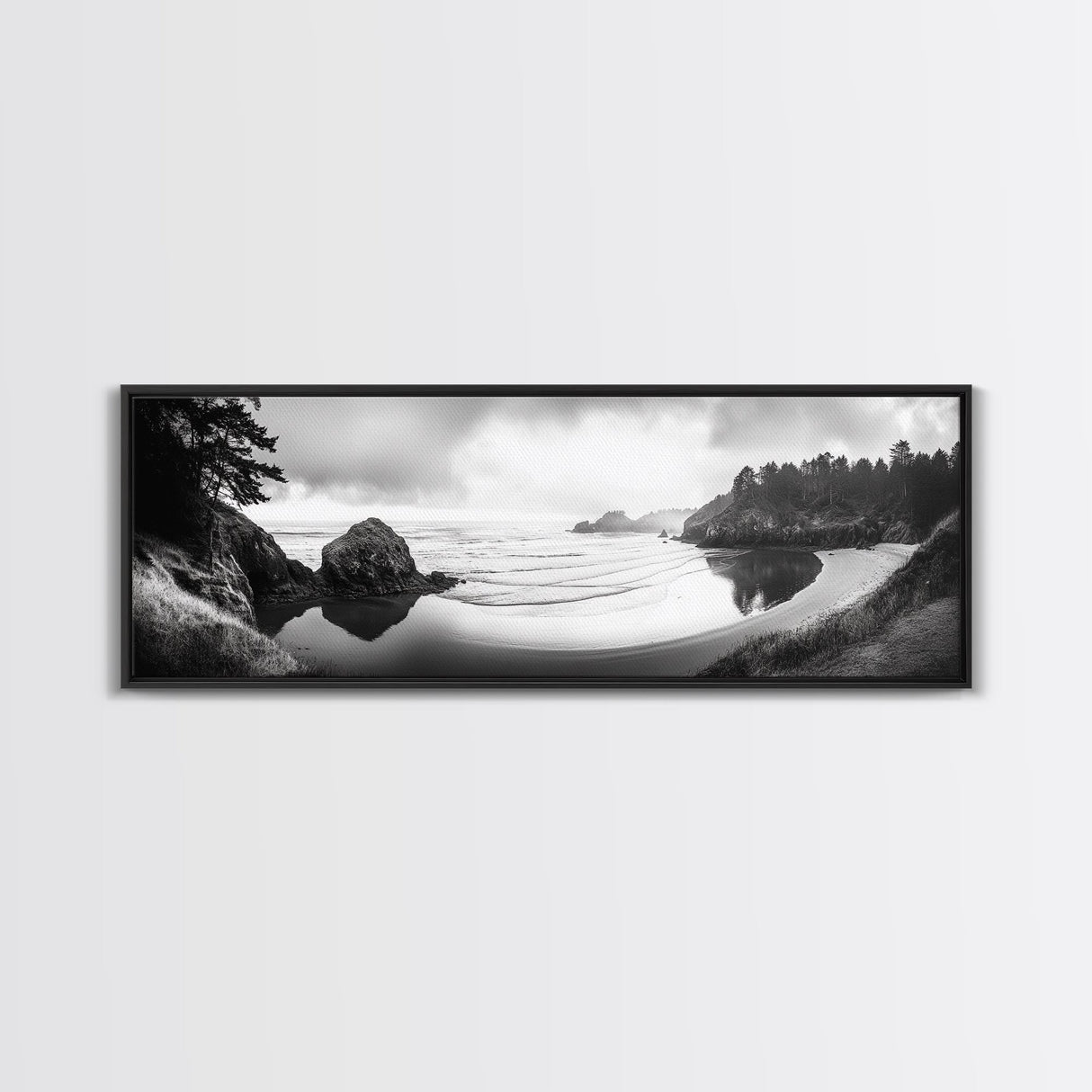 Forest Beach, Pacific Coast, Morning Mist, Tranquil Cove, Framed Canvas Print, Rustic Cabin Wall Art, Nature Landscape Photography